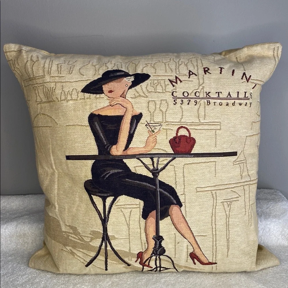 Vintage Andrea Laliberté 'Woman with Martini' Tapestry Decorative Pillow 17x17